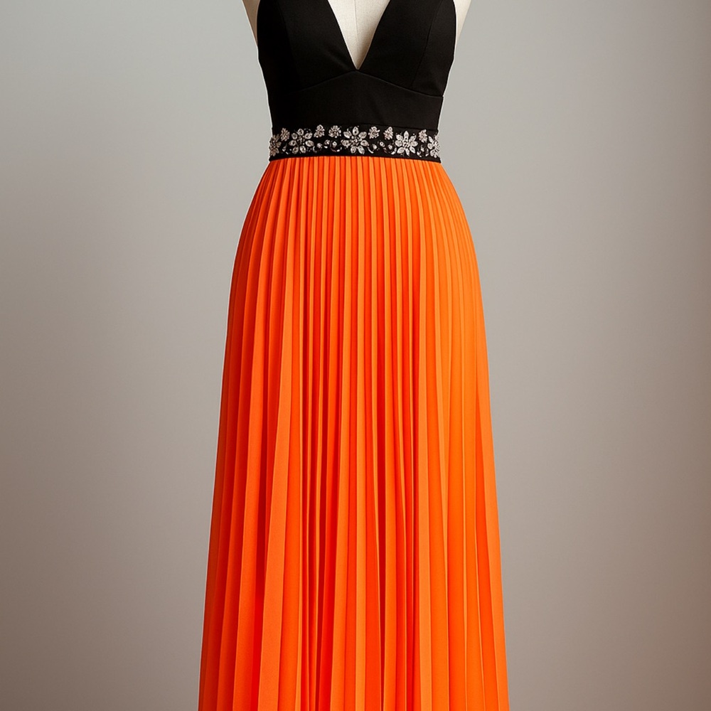 Crystal Doll Black and Orange Prom Dress